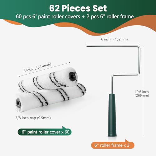 Paint Roller Covers, 60 Pack, 6 Inch, 3/8 Inch Nap | 6 Inch Microfiber Sleeves, 2 Anti-Rust Metal Frames Included, Ideal for Wall & Furniture Painting - size: 6 inch paint roller 60 pack