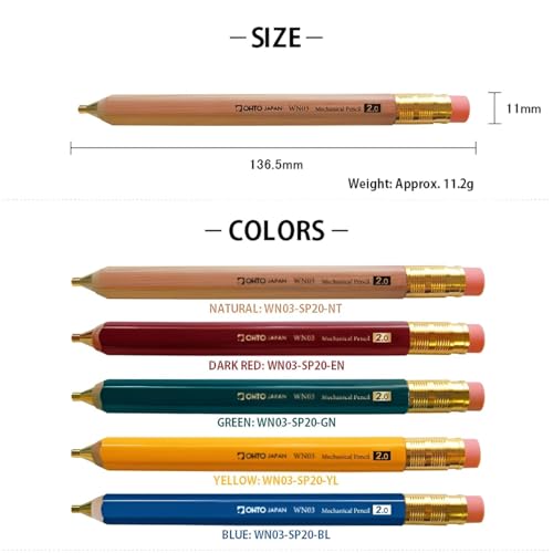 WN03 Wooden Mechanical Pencil Set, 2.0mm Extra Bold, Thick Barrel, Incense Cedar Yellow Pencil with Lead Refills (HB, B), Eraser Refills, and Brass Sharpener for Writing, Sketching, Drawing