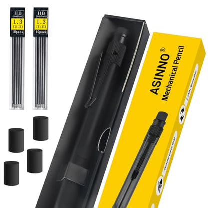 ASINNO 1.3 MM Mechanical Pencil, Weatherproof 2B Dark Lead, Heavy Duty Mechanical Pencil Woodworking Pencils with 20 Lead Refills and 4 Erasers, for Outdoor Marking Drafting Drawing Sketching
