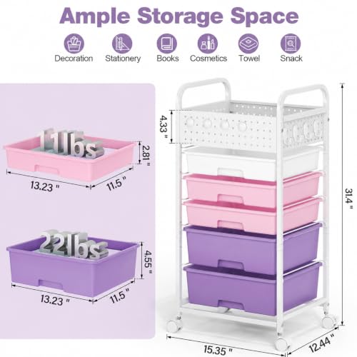 5 Drawer Rolling Storage Cart with Pegboard Top and Hooks, Dreamy Color - color: Dreamy Color, size: 5-Drawers