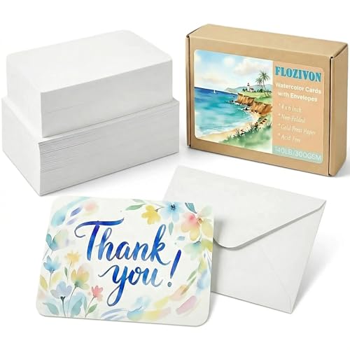 50 Sets Watercolor Paper, 4x6 Inch Watercolor Cards with Envelopes, 140lb/300gsm Water Color Paper, Art Supplies for Adults Kids, Cold Press Textured Cotton Sheets, Artist Painting Drawing Postcards