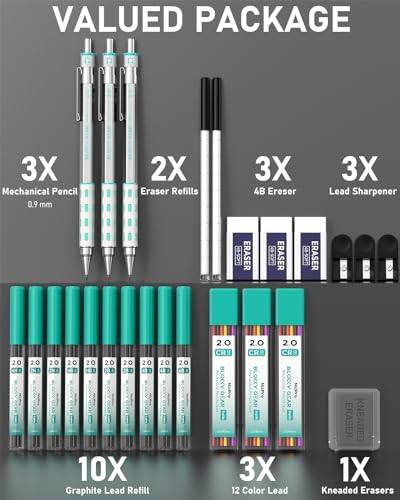 Nicpro 3 Pack Blocky Gear 2.0 mm Metal Mechanical Pencils Set with Case | Drafting Pencil with 13 Tubes 2mm Lead Refills (HB 2B 2H 4B 4H 6B & Colors), Erasers for Carpenter Writing Drawing - style: 2.0mm