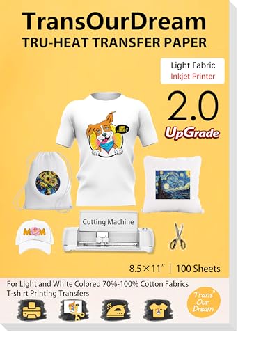 TransOurDream Upgraded Heat Transfer Paper for T Shirts (100 Sheets, 8.5x11") Iron on Transfers for Light Fabric Printable Heat Transfer Vinyl for Inkjet Printer (TOD-L2-100) - color: Light, size: 100 Sheets