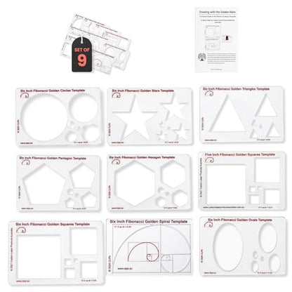 Fibonacci 6" 9-Piece Drawing Template Set, Golden Ratio Stencils | Australian Designed and Made; 9 Pieces; Triangle; Square; Star; Pentagon; Hexagon; Spiral; Oval - style: Set - All CLPA Fibonacci Templates