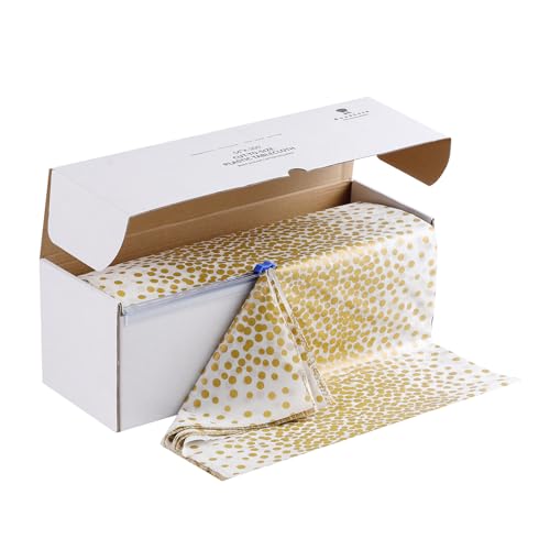 Goodluck 54 Inch X 300 Feet Plastic Table Cloths with Cutter Box, Gold Disposable Table Cover Roll, Plastic Tablecloth for Party, Wedding, Birthday, Anniversary, Event, White Gold Dot - color: White Gold Dot, size: 15.4" x 5.5" (Rectangular)