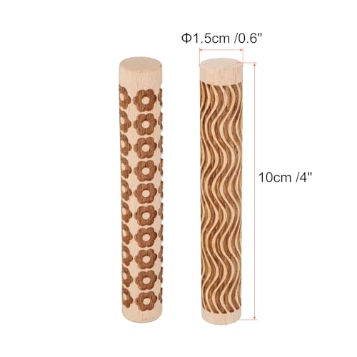 HARFINGTON 2pcs Wood Clay Roller 4" Curved Lines Flower Pattern Rolling Pins Wood Rollers Pottery Tools Wood Grain Texture Rollers for Clay Baking Dough Playdough DIY - style: Curved Lines + Flower