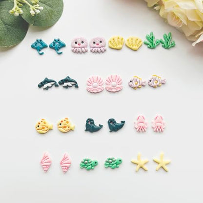 Under The Sea Polymer Clay Cutters Set - 13pcs Ocean Life Shapes Including Seal, Turtle, Jellyfish, Starfish, Dolphin & Shells for DIY Earring Jewelry, Soft Clay Crafts & Scrapbooking - color: V color