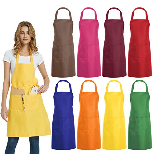 DUSKCOVE 8 PCS Plain Bib Aprons Bulk - Mixed Color Commercial Apron with 2 Pockets for Kitchen Cooking Restaurant BBQ Painting Crafting - color: 8 Colors Mixed