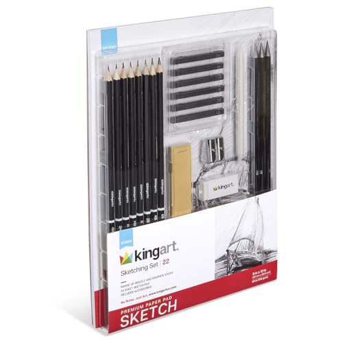KINGART 22-Piece Professional Sketching Kit with 9x12 Drawing Pad – Includes 12 Graphite Pencils, 6 Soft Pastels, Blending Stump, Kneaded Eraser, and Sharpener – Versatile Artist Set for Shading