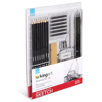 KINGART 22-Piece Professional Sketching Kit with 9x12 Drawing Pad – Includes 12 Graphite Pencils, 6 Soft Pastels, Blending Stump, Kneaded Eraser, and Sharpener – Versatile Artist Set for Shading