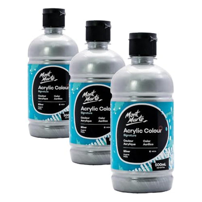 Mont Marte Silver Acrylic Paint Set 16.9oz (500ml), Perfect for Canvas, Wood, Fabric, Leather, Cardboard, Paper, MDF and Crafts (Pack of 3) - size: 16.91 Fl Oz (Pack of 3)