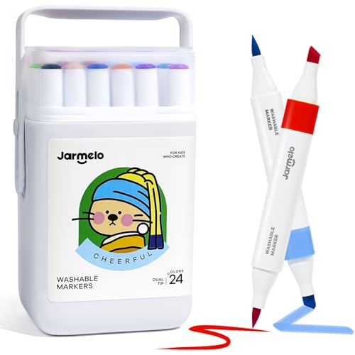Jar Melo Washable Dual Tip Markers for Kids Ages 4-8, 24 Colors | Brush & Chisel Tip, Water-Based, Storage Case, School Art Supplies, Safe, Vibrant Colors - style: 24 Colors