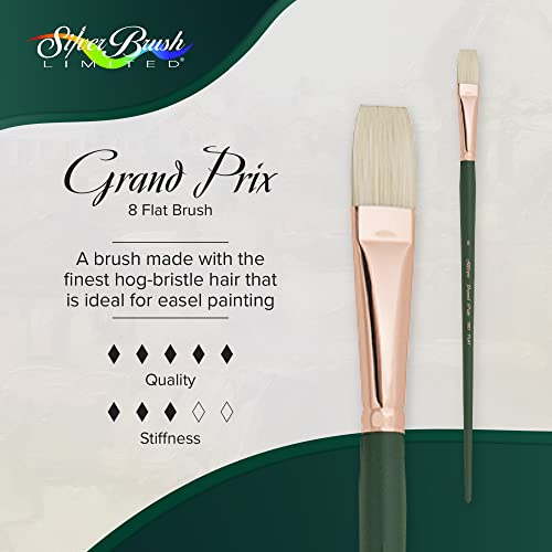 Silver Brush Limited Grand Prix Flat Oil Paintbrush, Size 8, Long Handle | Stiff Flagged Hog Bristle, Superb Paint Absorbency, Well-Balanced, Lightly Textured Strokes, Easel Painting - size: Size 8