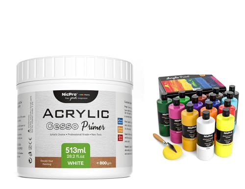 Nicpro 14 Colors Large Bulk Acrylic Paint Set (16.9 oz,500 ml) and White Gesso Primer for Acrylic Painting(28.2 Oz / 513ML)