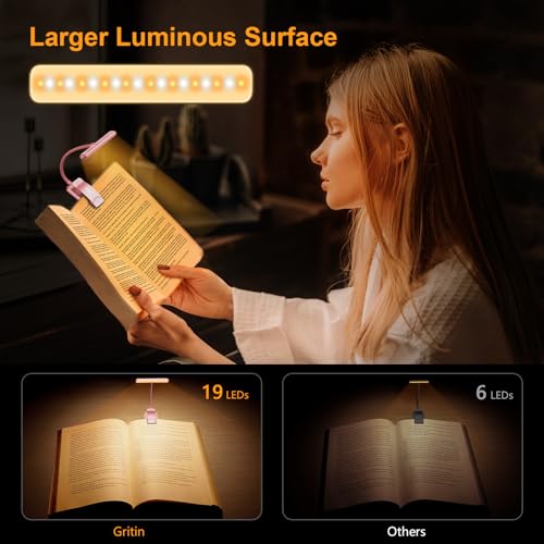 Gritin 19 LED Rechargeable Book Light for Reading in Bed | Eye Caring 3 Color Temps,Stepless Dimming Brightness,Memory Function,90 Hrs Runtime Lightweight Clip on Light-Pink - color: Pink