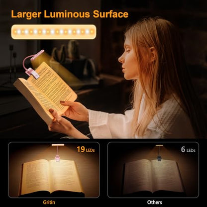 Gritin 19 LED Rechargeable Book Light for Reading in Bed | Eye Caring 3 Color Temps,Stepless Dimming Brightness,Memory Function,90 Hrs Runtime Lightweight Clip on Light-Pink - color: Pink