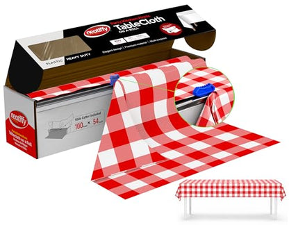 Neatiffy Disposable Plastic Table Cloth Roll | Waterproof Tablecloth | Table Cover for Picnic, Party, Banquet, Birthdays, Weddings (Red Checkered, 54 inches X 100 feet) - color: Red Checkered 100, size: 54 inches X 100 feet