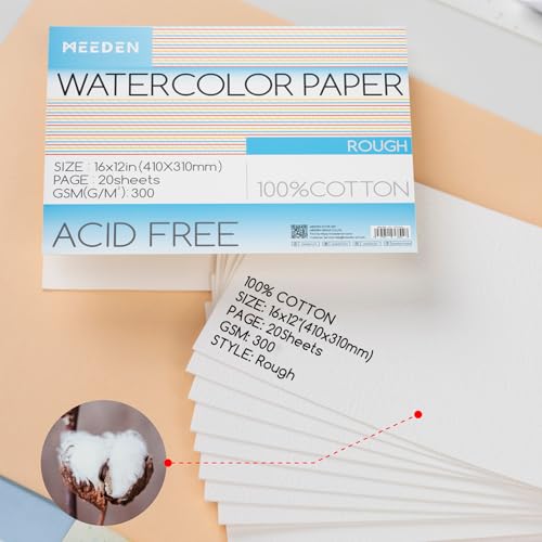 MEEDEN Cotton Watercolor Paper Block: 16" x 12" Rough Grain of 20 Sheets | 140lb/300gsm 100% Cotton Watercolor Paper Pad, Acid-free Art Paper for Painting, Drawing, Watercolor, Gouache, Ink and More - color: Rough Grain, size: 16×12"