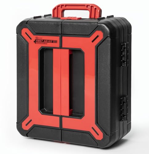 Hard Case First Aid Kit 408 Pcs - Wall Mountable Trauma Kit for Car, Home, Office & Truck - Comprehensive Large First Aid Supplies with Color-Coded Labelled Compartments - color: Red & Black