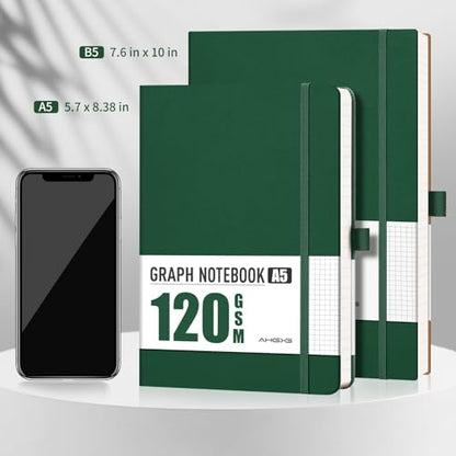 AHGXG Graph Paper Notebook, 120 GSM Paper, 96 Pages, B5 (7.6'' X 10'') - color: Dark Green, style: B5-Grid-120G