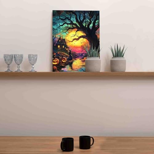 Tucocoo Halloween Spooky Scenery Paint by Number Kit 16 x 20 inch Canvas Full Moon Pumpkins DIY Oil Painting for Adults Beginner with Brushes and Acrylic Pigment-Witch's Night(Without Frame) - color: Pbn Halloween 03, size: 16''x20''(Frameless)