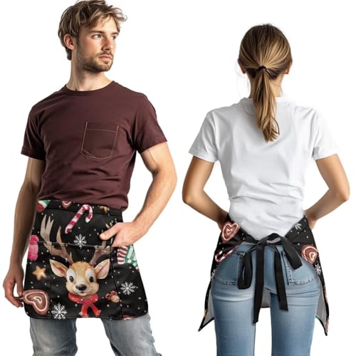 Waist Apron with 3 Pockets Waterproof 13 Inch Short Half Waist Aprons Women Men Server Aprons Waitress Waiter Apron - color: Christmas Deer