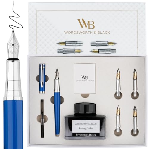 Wordsworth & Black Luxury Fountain Pen Set for Writing, 6 Nibs, Blue - color: Blue Chrome