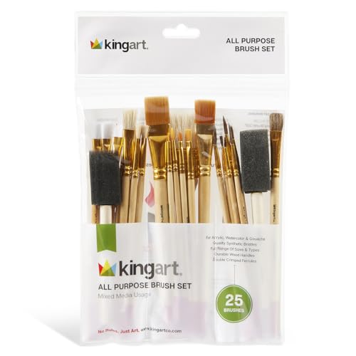 KINGART 25-Piece Paint Brush Set, Acrylic, Oil, Watercolor Gouache Paints, Face & Nail, Miniature Detailing & Rock Painting