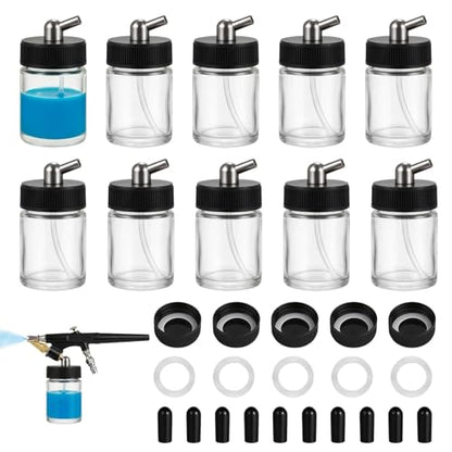 10pk 0.75oz Glass Airbrush Bottles,60°Siphon with Storage Lids & Cap | 60° siphon adapter fits Iwata/Master/Badger/Paasche. 10 glass jars + 5 sealing lids for storage + 10 silicone dust caps - size: G3PG