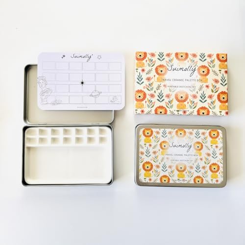 Watercolor Palette,Portable Travel Ceramic Palette,Small Travel Metal Paint Boxwith Porcelain Palette (14Well)