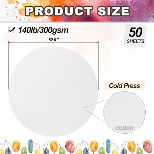 PATIKIL 50 Sheets Cotton Watercolor Paper Round 140lb/300 GSM Cold Press Water Coloring Paint Paper for Art Painting Watercolor Drawing Artist, 9 Inch - size: 9 Inch