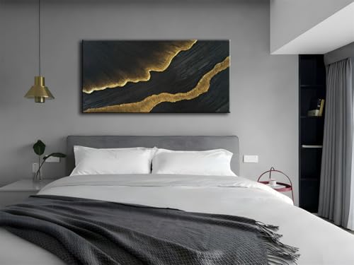 zoinart 100% Hand-Painted 3D Black and Gold Textured Wall Art, Abstract Modern Waves Oil Paintings on Canvas Wall Decor - color: BL-073