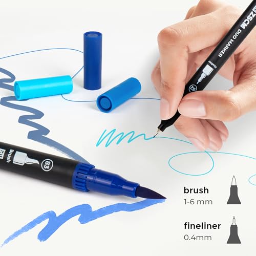 Blue Duo Tip Marker Pens, 12 Fine & Brush Tip Pen For Adult Coloring Books | No Bleeding Ocean Blue Markers, Drawing Pen for Sky & Sea Landscapes, Water Effects, Calming Mandalas and Journaling - color: 12 Blue