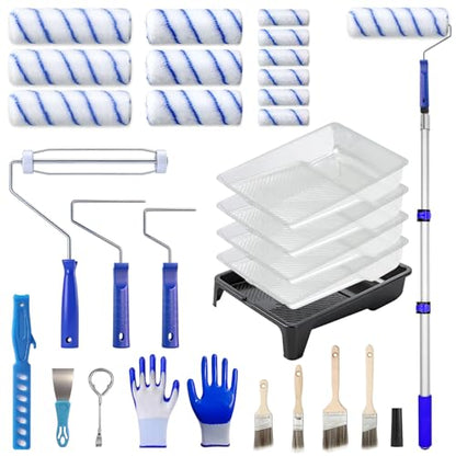 Paint Roller Kit with 3.93Ft Extension Pole for Walls and Ceilings, 30Pcs House Painting Supplies Set with 9”, 6” & 4” Microfiber Rollers,Paint Tray,Liners,Brushes and Gloves for Home Renovation