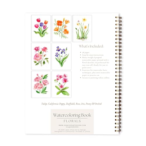 Floral Watercolor Workbook for Beginners with Cotton Cold Press Watercolor Paper, Pre-Outlined Designs, Step-by-Step Instructions & Online Videos – Premium Botanical Art Book for Adults & Gifts - style: Floral