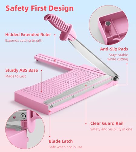 Firbon 12" Guillotine Paper Cutter with Hidden Ruler, Compact Paper Trimmer | 12-Sheet Capacity | Pink | Dual Scales | Paper, Cardstock & Photo Trimming | Scrapbooking Crafts | Office, Home & Studio Use - color: Pink