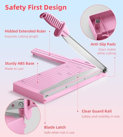 Firbon 12" Guillotine Paper Cutter with Hidden Ruler, Compact Paper Trimmer | 12-Sheet Capacity | Pink | Dual Scales | Paper, Cardstock & Photo Trimming | Scrapbooking Crafts | Office, Home & Studio Use - color: Pink