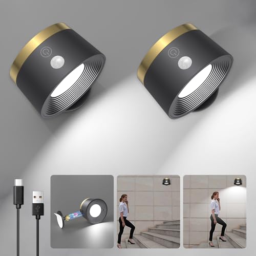 Motion Sensor Wall Light Indoor 2Pcs, 3500mAh Rechargeable Battery Operated LED Wall Light, Wall Lamp Wireless with 360 ° Rotation, 3 Color Temperatures for Bedroom, Study, Corridor, Picture - color: Black, size: 2 PCS