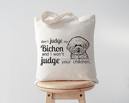Pet Studio Art Don't Judge My Dog Tote Bag - color: Bichon Frise