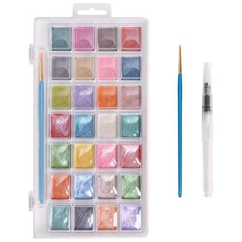 28 Metallic Colors Washable Watercolor Paint Set, with 3 Brushes Pen | watercolor palette, Non-toxic Water Color Paints Sets for Kids, Adults Artists Students Beginner,Travel Watercolor Set - color: 28 watercolor