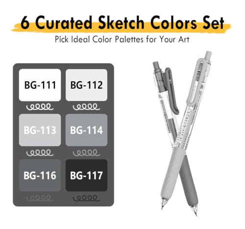 Acrylic Gel Pens for Coloring, 6 Sketch Colors Set | 0.7mm Tip , Retractable Colored Pens, Perfect for Coloring, Writing, Drawing, Journaling, Note Taking, Black & White Paper - color: Sketch colors