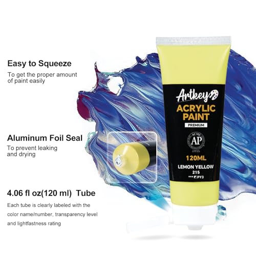 Artkey Acrylic Paint - Lemon Yellow (120 ml/4.06 oz) Tubes, Rich & Vibrant Pigments, Professional Artists Acrylic Paints - Art Supplies for Canvas Wood Rock Clay Fabric Ceramics Art Crafts Painting - color: Lemon Yellow, size: 4.06 Fl Oz (Pack of 1)