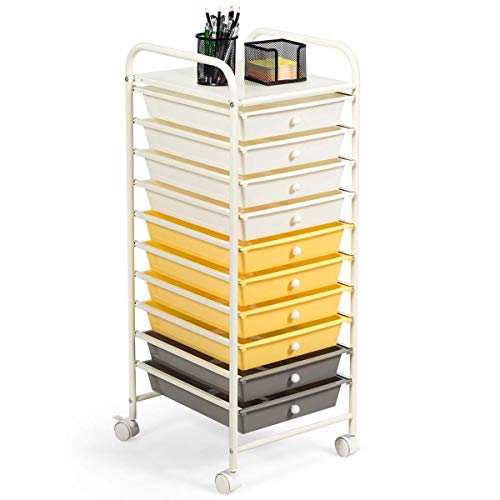 RELAX4LIFE 10 Drawer Rolling Cart, Slim Storage Cart w/Lockable Wheels for Classroom School Teacher Office, Art Supplies Paper Scrapbook Craft Organizers, Utility Cart with Drawers (Yellow) - color: Yellow, size: 34''H