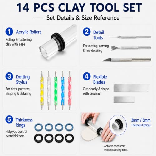 DIYOOHOMY 18 Pcs Polymer Clay Tools Kit, Rolling Pin with Thickness Rings - color: 14 Pcs