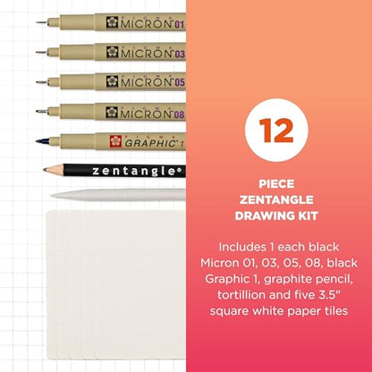 SAKURA Zentangle Tiles, 3.5", White | All-in-One Kit for Drawing, Relaxing, Meditative Patterns, Includes Gelly Roll and Micron Pens, White Pencil and Black Tiles - size: 1 Count (Pack of 12)