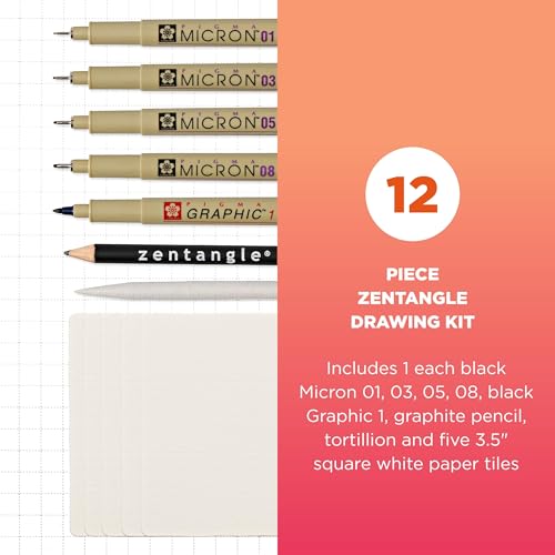 SAKURA Zentangle Tiles, 3.5", White | All-in-One Kit for Drawing, Relaxing, Meditative Patterns, Includes Gelly Roll and Micron Pens, White Pencil and Black Tiles - size: 1 Count (Pack of 12)