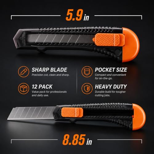 REXBETI 12-Pack Utility Knife, Retractable Box Cutter for Cartons, Cardboard and Boxes, 18mm Wider Razor Sharp Blade, Smooth Mechanism, Perfect for Office and Home use | Razor Sharp Snap-Off Blade, Smooth Sliding Mechanism, Durable Cutter Knife for Carton