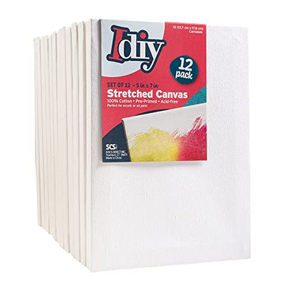 iDIY Stretched Canvas Board 5 x 7 (Set of 12) 5/8" - Classic White Blank, Pre Primed for Oils or Acrylics, 100% Cotton, Acid Free - Professional Grade for Painting or Art Project, Craft, Mixed Media - size: 5 x 7 inches (set of 12)