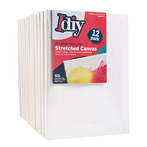 iDIY Stretched Canvas Board 5 x 7 (Set of 12) 5/8" - Classic White Blank, Pre Primed for Oils or Acrylics, 100% Cotton, Acid Free - Professional Grade for Painting or Art Project, Craft, Mixed Media - size: 5 x 7 inches (set of 12)