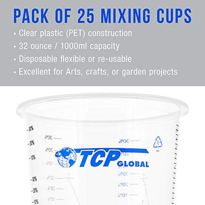 TCP Global 32 oz. (1000ml) Graduated Plastic Mixing Cups (Box of 25)